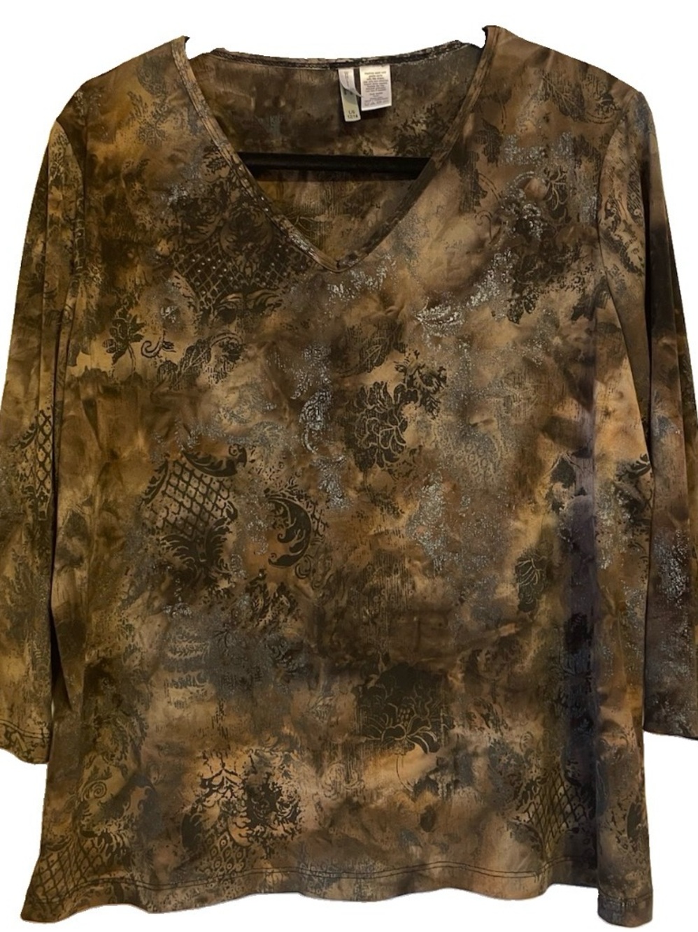 White Stag Brown Print Abstract Damask V-Neck Top Large 12/14 3/4 Sleeve Knit